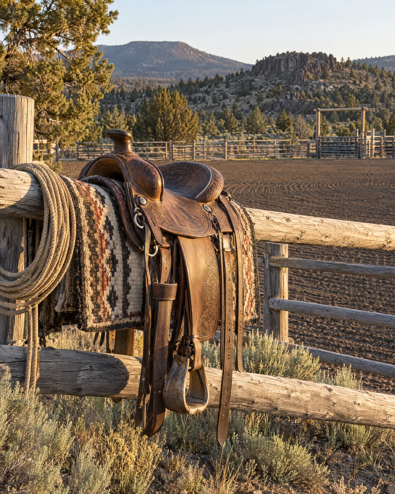 A tooled western saddle, coiled rope and wool blanket on a weathered arena rail at golden hour, Central Oregon high desert