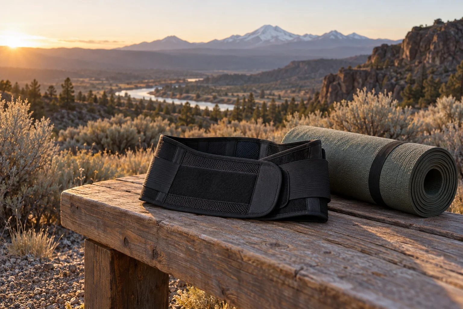 A lumbar support brace folded on a wooden bench beside a rolled exercise mat
