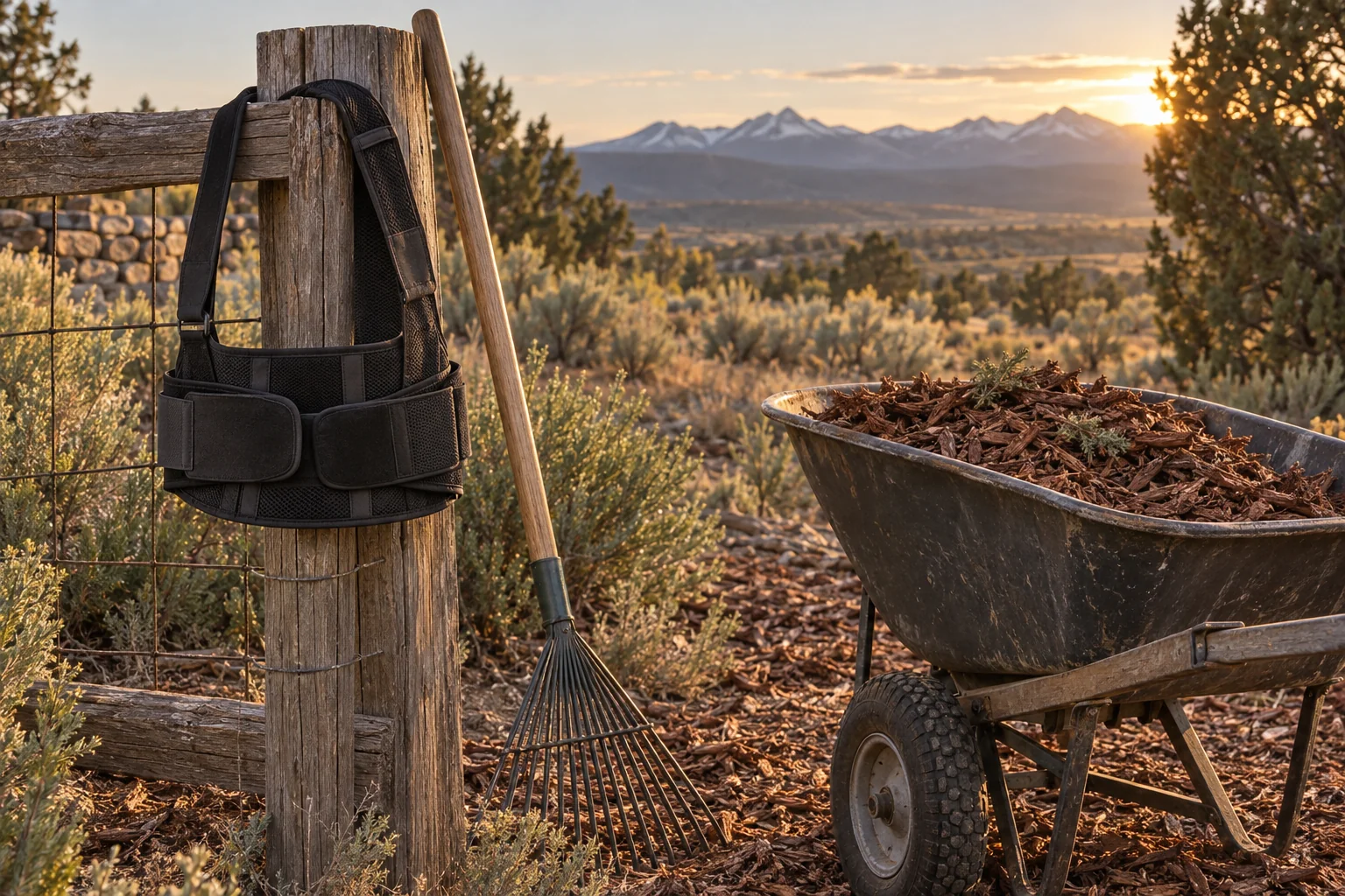 A lumbar support brace hanging on a garden fence post beside a rake and a wheelbarrow of juniper mulch