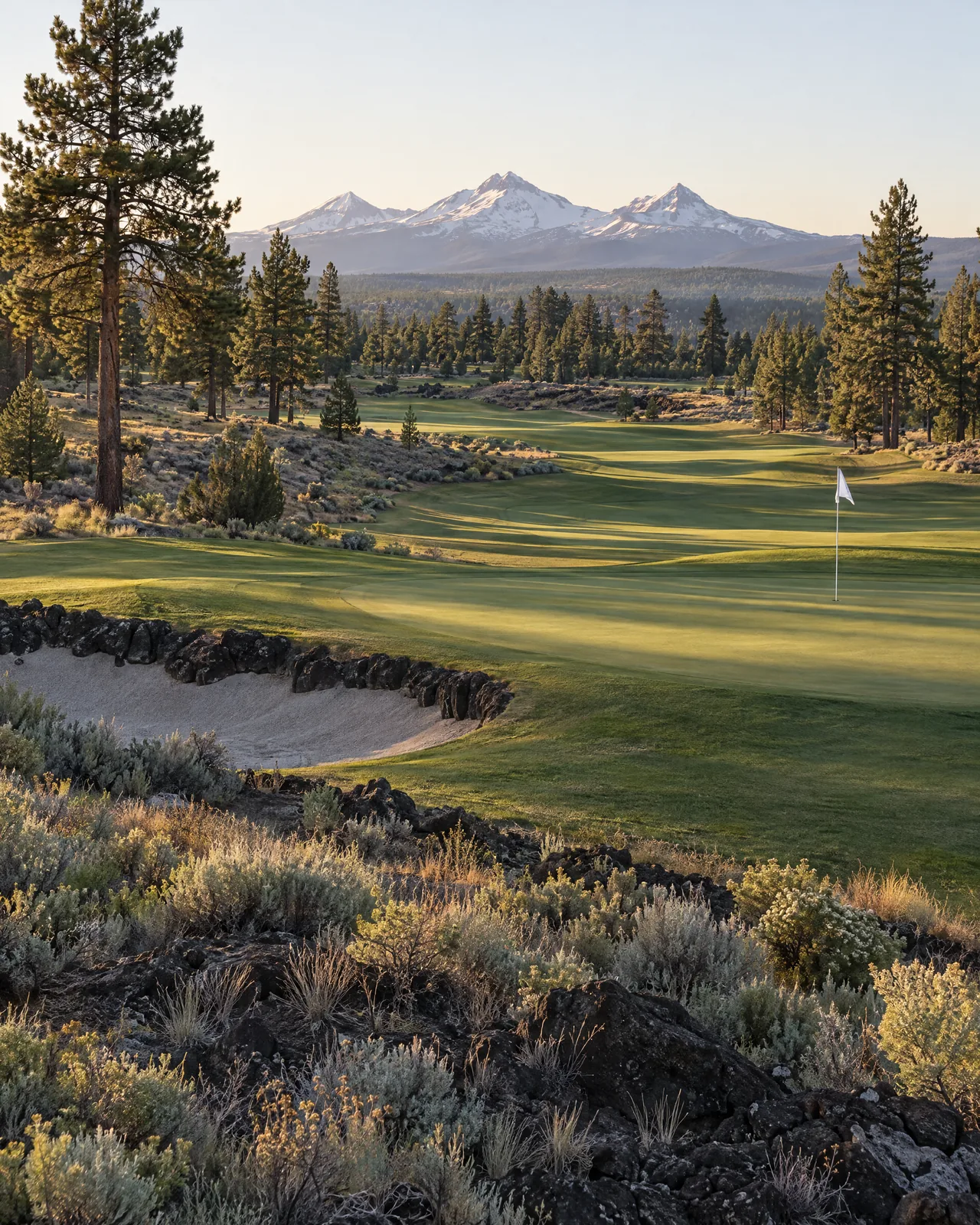 An empty high-desert golf hole at dawn, flagstick on the green, ponderosa pines and the snow-capped Three Sisters beyond