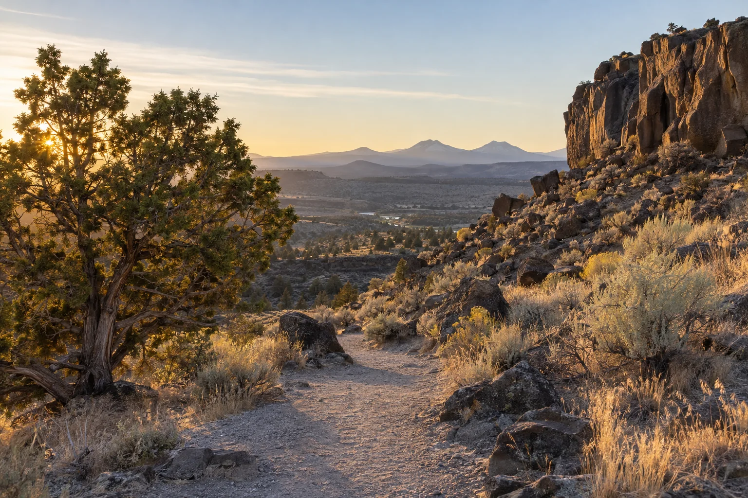 An empty high-desert trailhead near Redmond with a juniper and a basalt rimrock, morning light