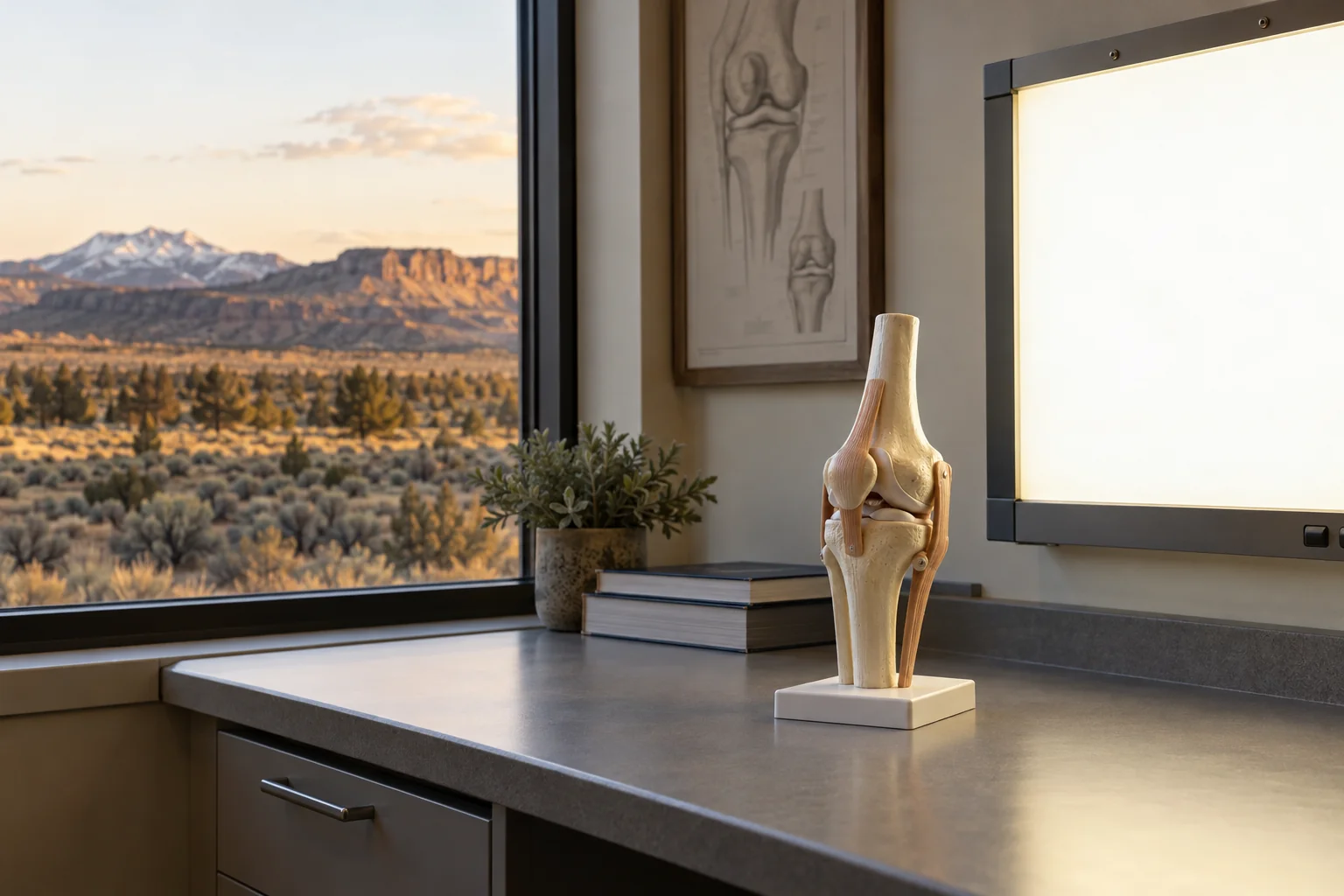 An anatomical knee model on a desk beside a blank lightbox, soft clinic light