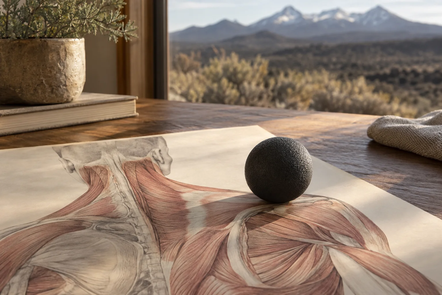 A small massage ball resting on an anatomical chart of the neck and shoulder muscles