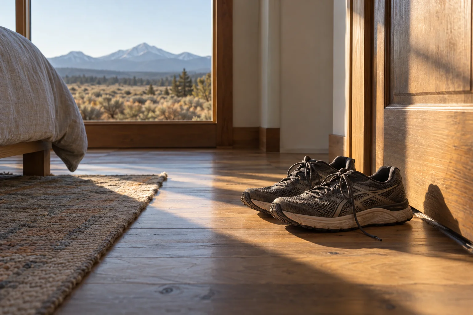 A pair of running shoes on a wooden floor by a bedroom door in early morning light