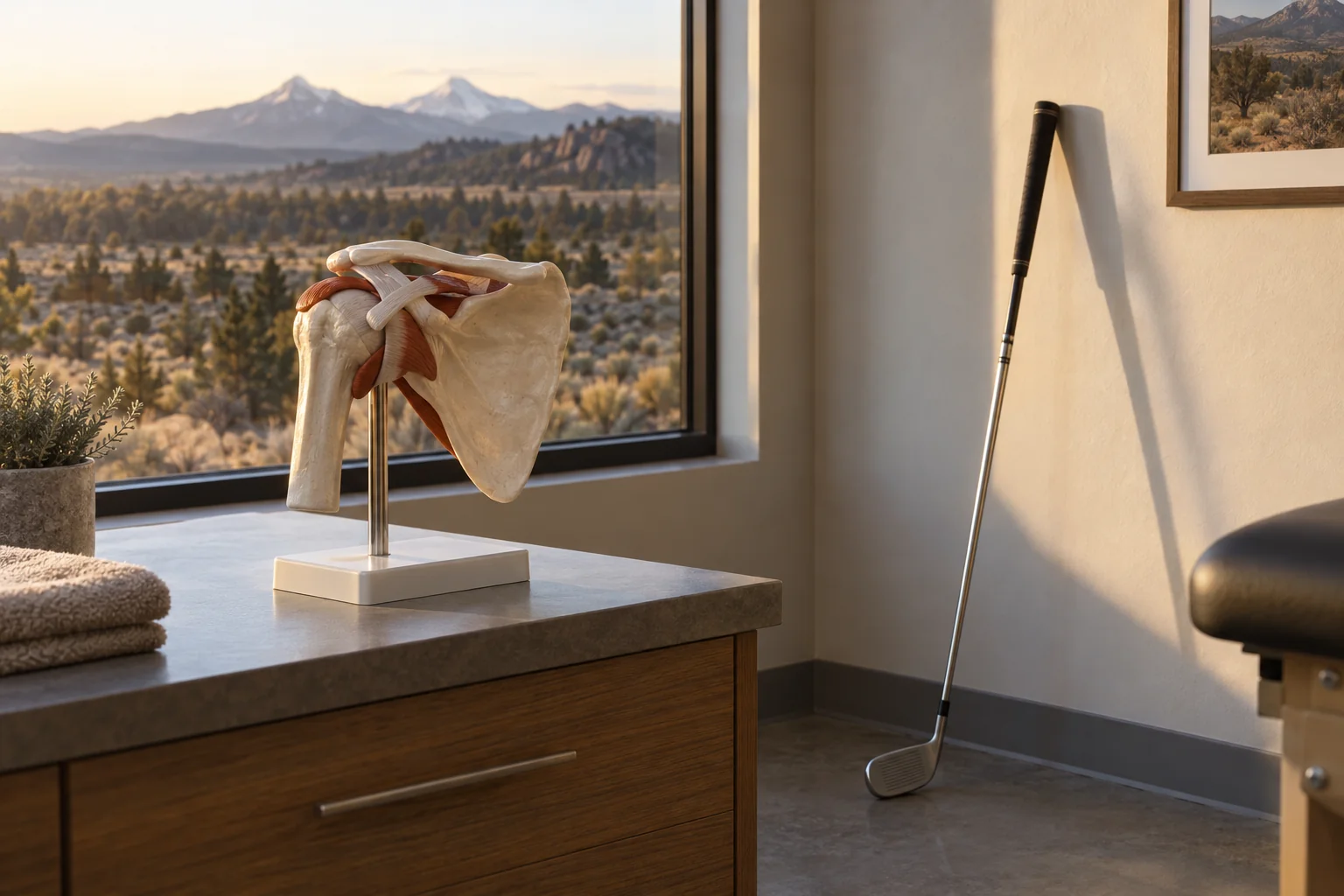 An anatomical shoulder model beside a golf club leaning on a clinic wall