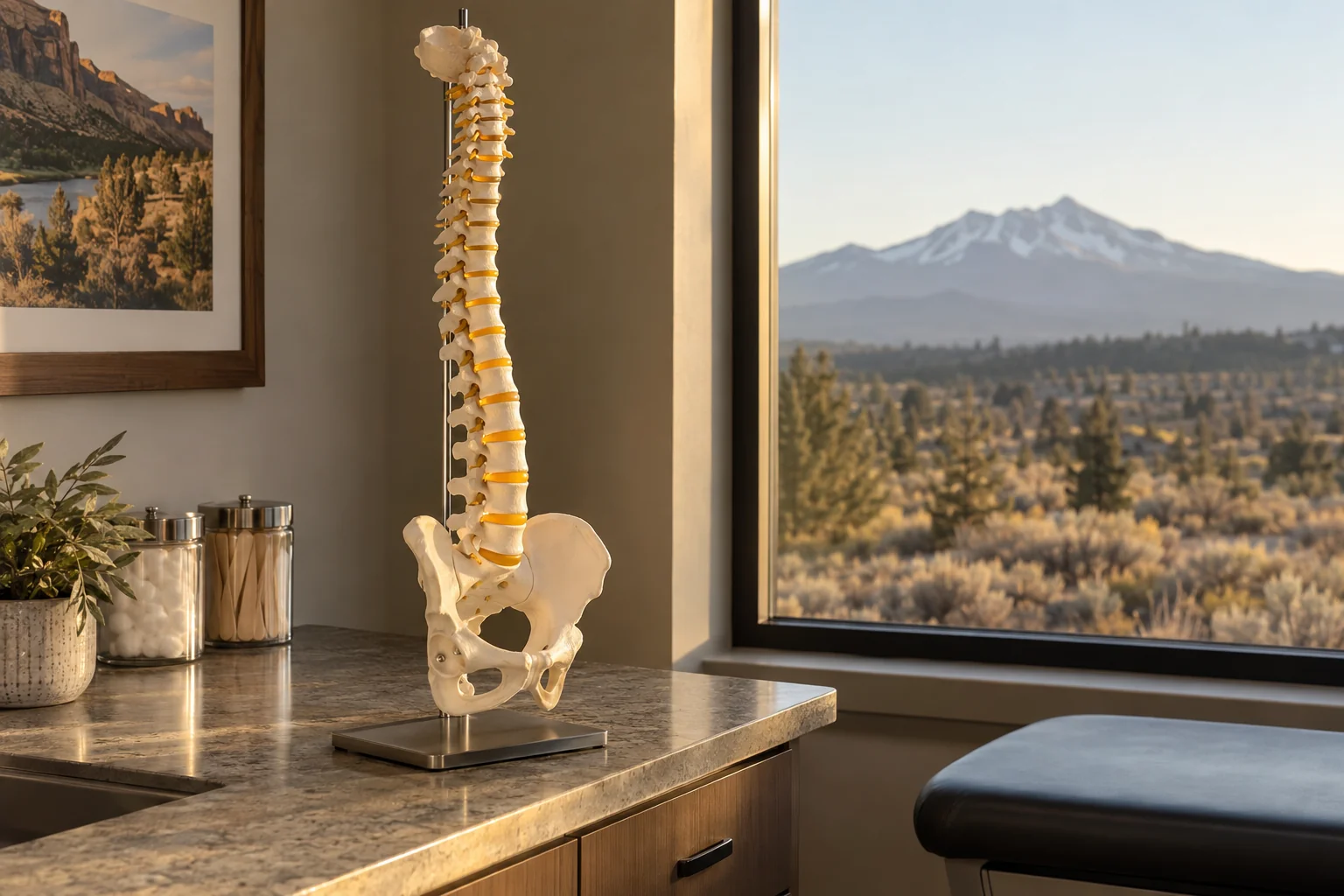 A clinical spine model with the discs highlighted, standing on a clinic counter