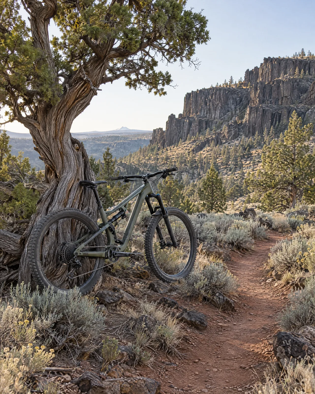 A mountain bike leaning on an old juniper beside red-dirt singletrack below a basalt rimrock, Central Oregon